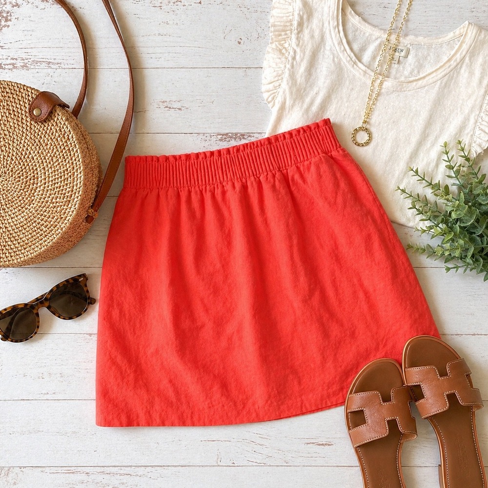 J.Crew Coral Orange Linen Blend Smocked Waist Mini Skirt with Pockets Size 10